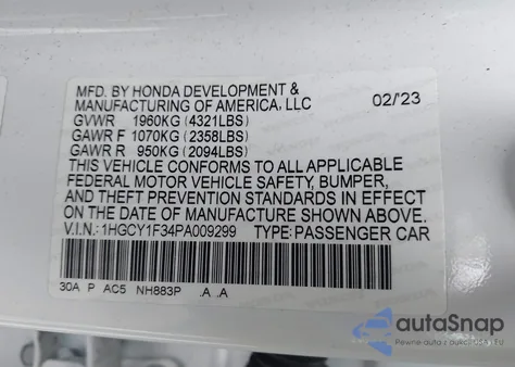 2023 Honda Accord Ex z USA, uszkodzony, nr VIN 1HGCY1F34PA009299